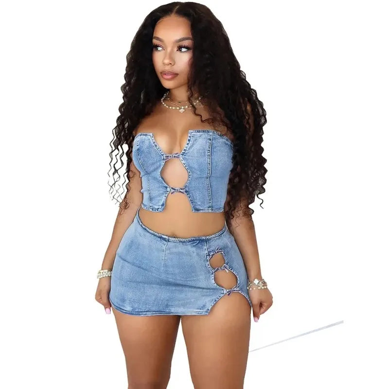 Women's Denim Cutout Strapless Two Piece Set