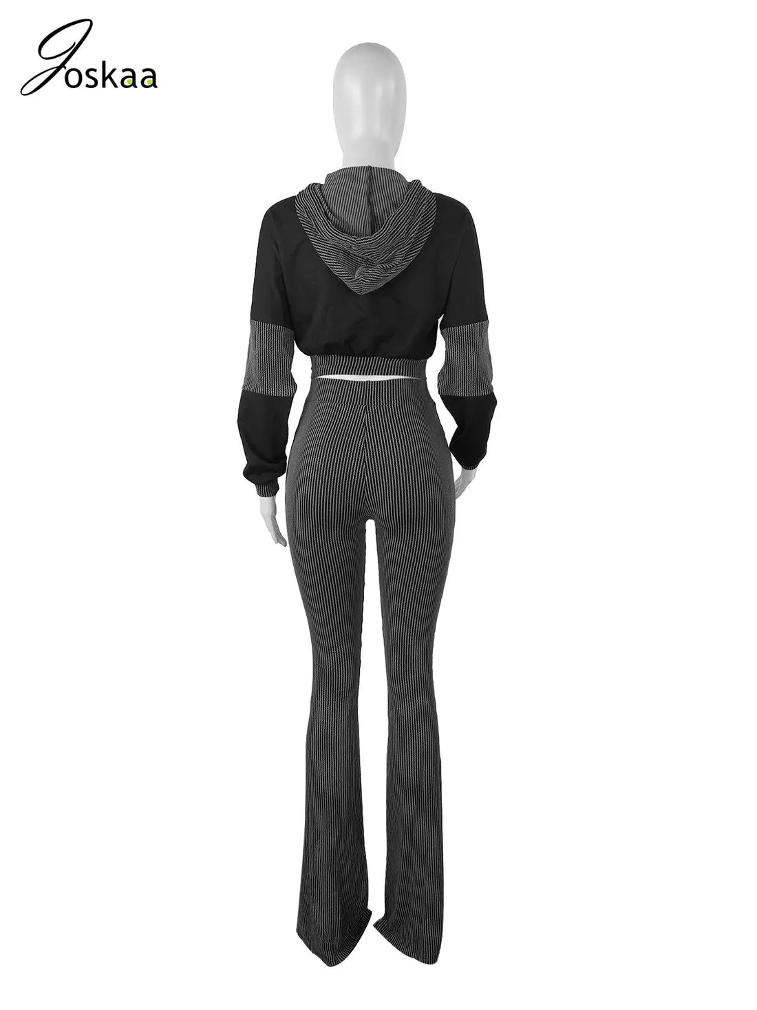 Women's Long Sleeve Flare Hooded Two Piece Set Black – Detail View