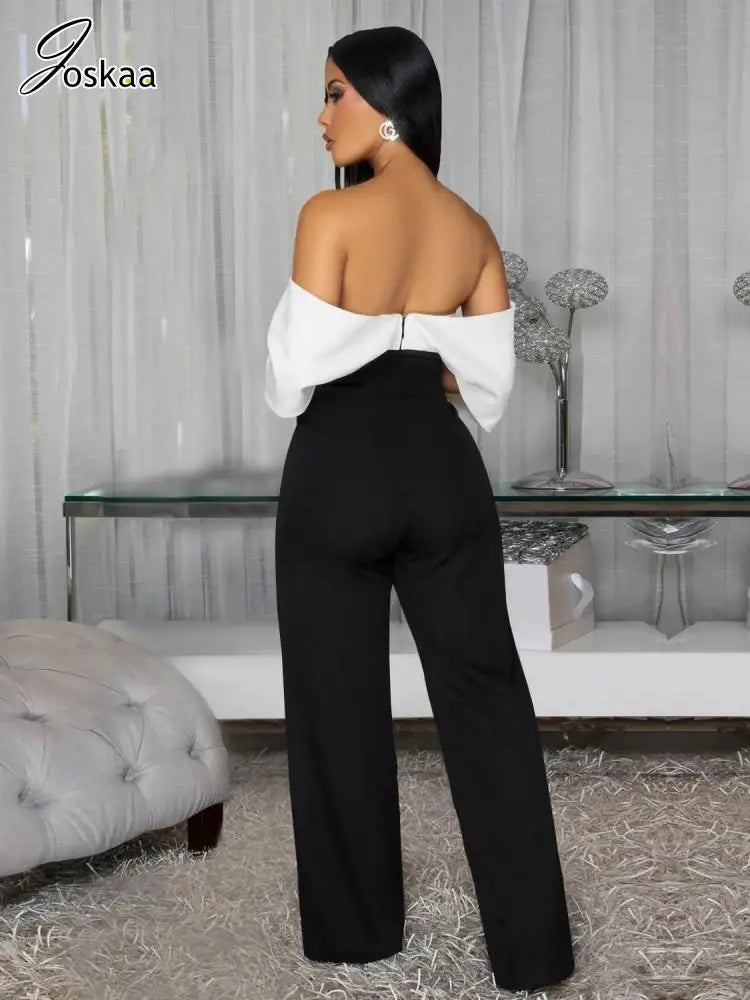 Women's Backless Strapless Flare Wide Leg Romper Black White – Side View