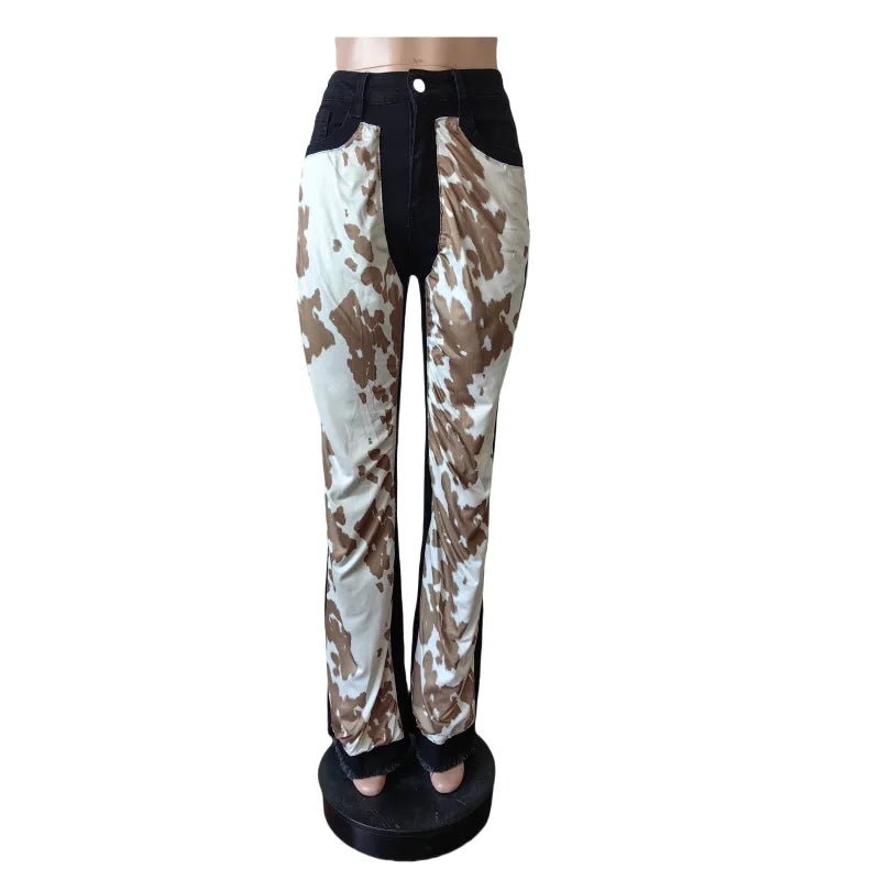 Wholesale Women's Leopard Print Denim Wide Leg Pants