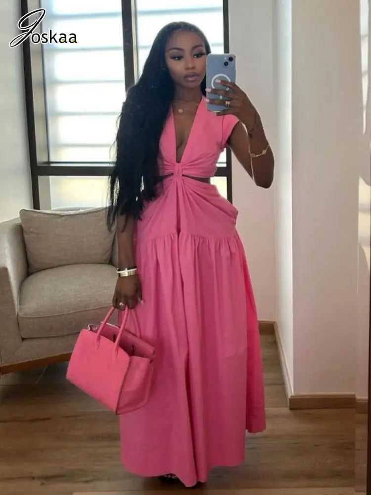 Wholesale Women's Elegant Deep V-neck Maxi Dress Pink – Front View
