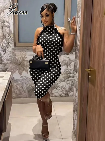 Women's Polka Dot Backless Halter Romper Black – Side View