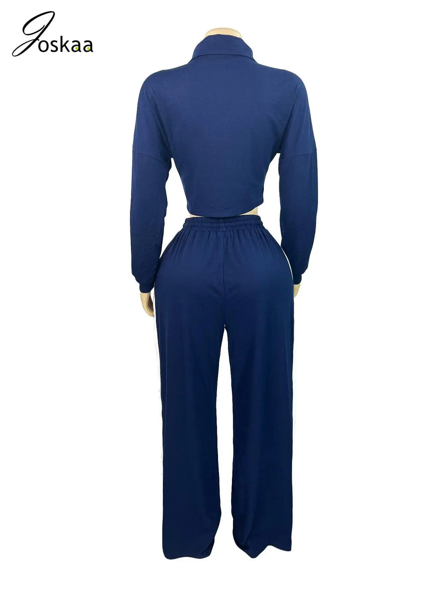 Women's Stripe Crop Flare Zip Wide Leg Two Piece Set Royalblue – Detail View