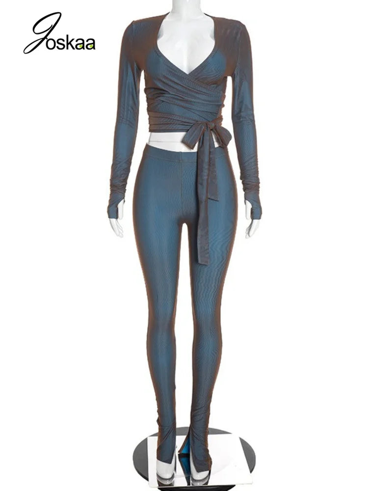 Women's V-neck Long Sleeve High Waist Wide Leg Two Piece Set - Back View