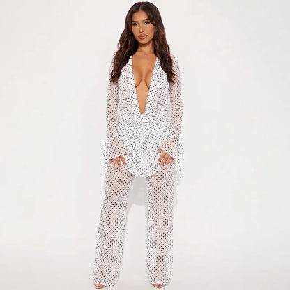 Women's Polka Dot Mesh High Waist Two Piece Set