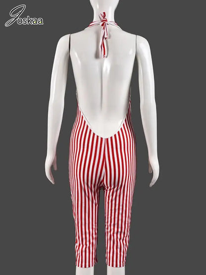 Women's Stripe Backless Halter Bodycon Romper Red – Detail View