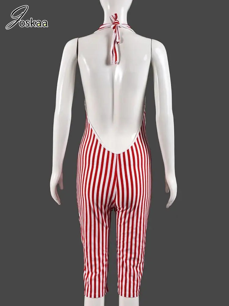 Women's Stripe Backless Halter Bodycon Romper Red – Detail View