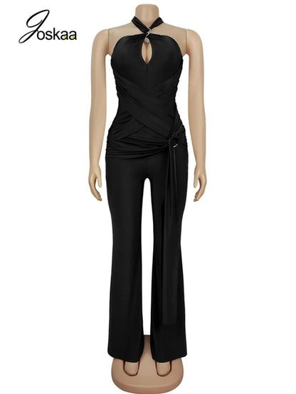 Women's Lace Ruched Backless Cutout Romper Black – Back View