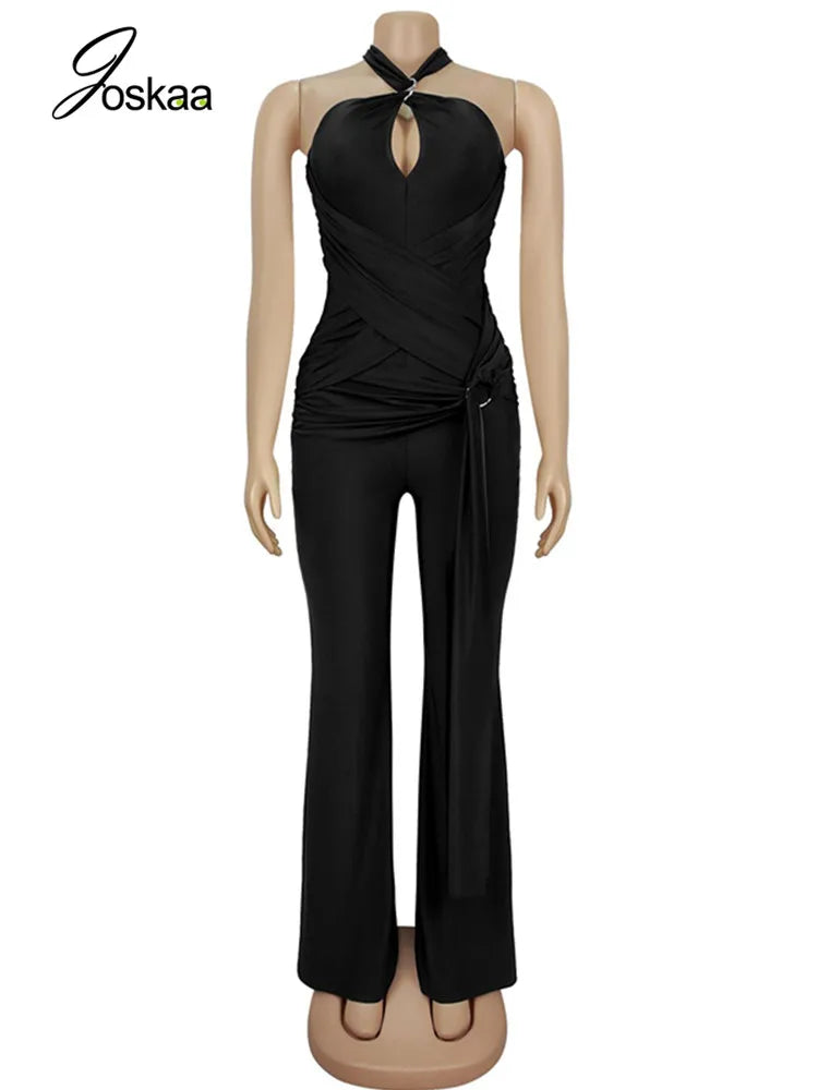 Women's Lace Ruched Backless Cutout Romper Black – Back View