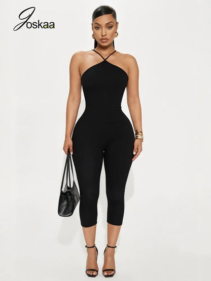 Women's Knit Backless Halter Bodycon Romper Red – Front View