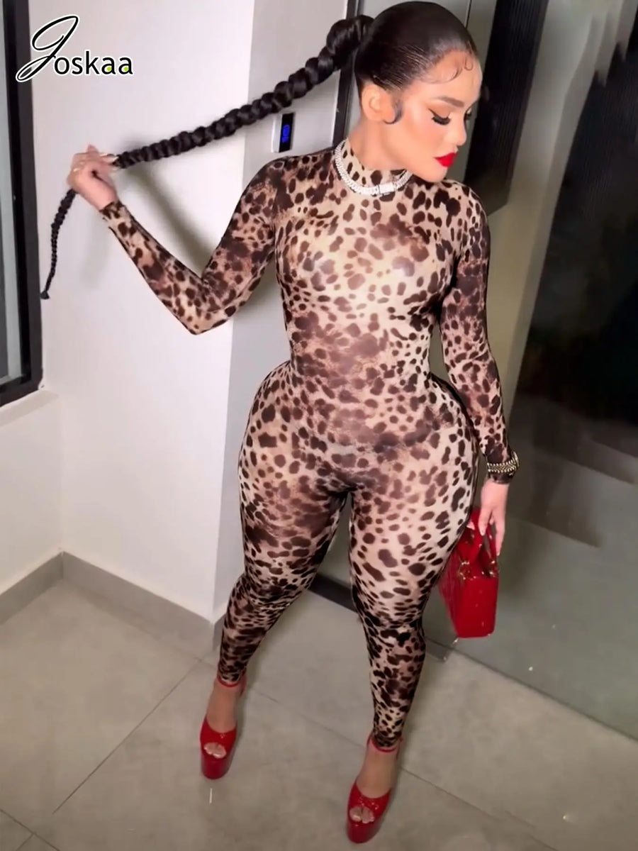 Women's Leopard Print Long Sleeve Bodycon Romper – Women's Fashion Wholesale – Front View
