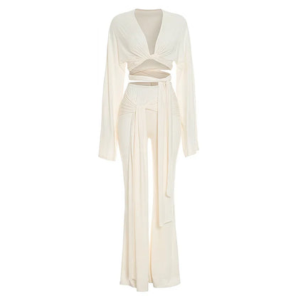 Women's Ruched V-neck Long Sleeve High Waist Two Piece Set - Model Wearing Style