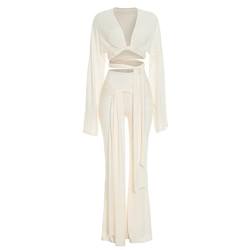 Women's Ruched V-neck Long Sleeve High Waist Two Piece Set - Model Wearing Style