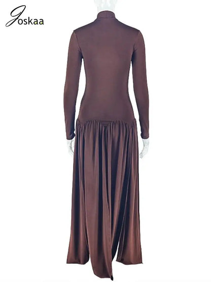 Women's Ruched Long Sleeve Bodycon Maxi Dress Dark Brown – Detail View