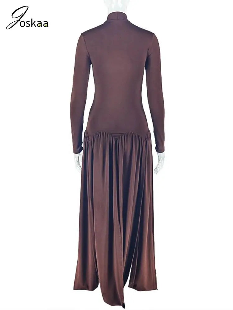 Women's Ruched Long Sleeve Bodycon Maxi Dress Dark Brown – Detail View