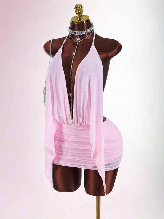 Joskaa Mesh Ruched Backless Halter Mini Dress - mini dress image 2