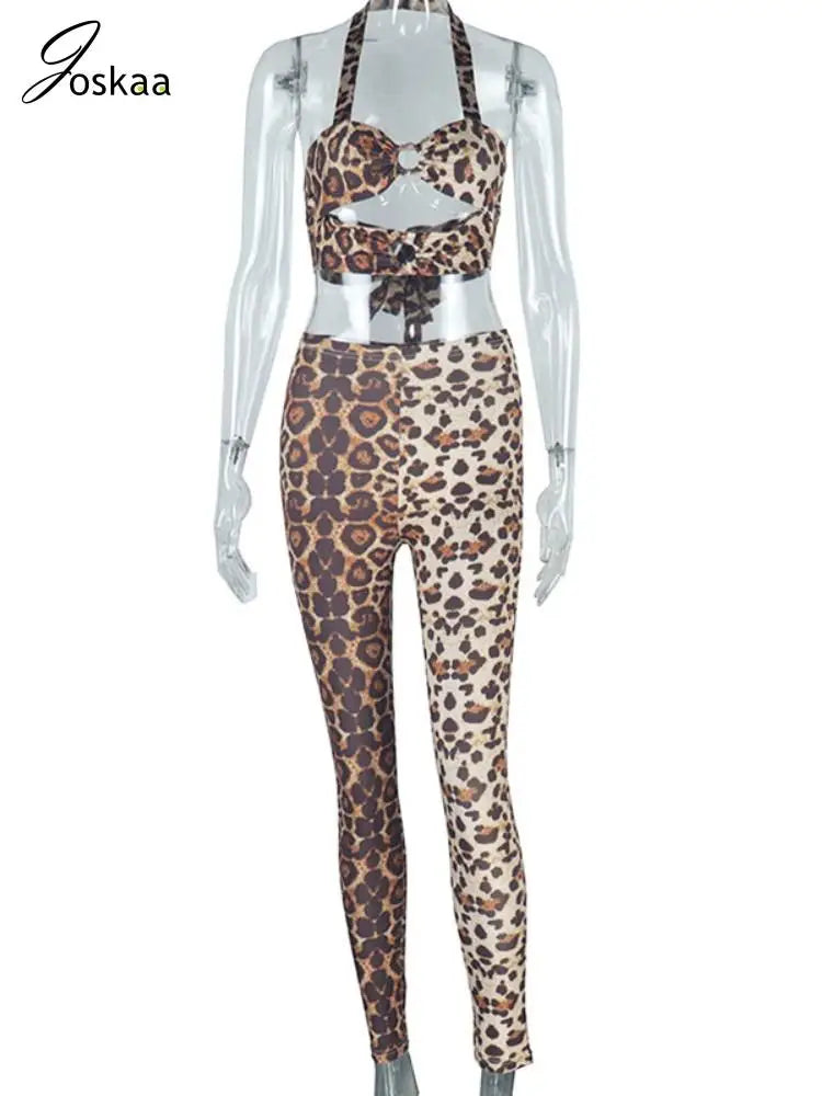 Women's Leopard Print Backless Halter Two Piece Set Leopard Print – Back View
