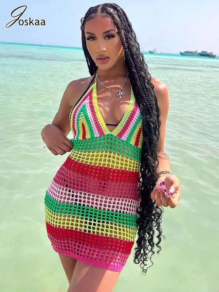 Women's Stripe Knit Backless Mini Bikini Set Colorful – Front View