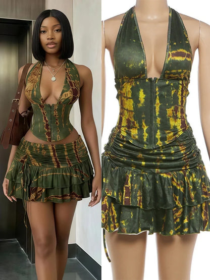 Women's Ruched Backless Halter Two Piece Set - Detail View 7