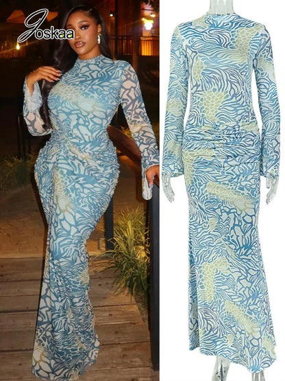 Women's Mesh Ruched Long Sleeve Bodycon Maxi Dress - Women's Fashion Wholesale - Front View