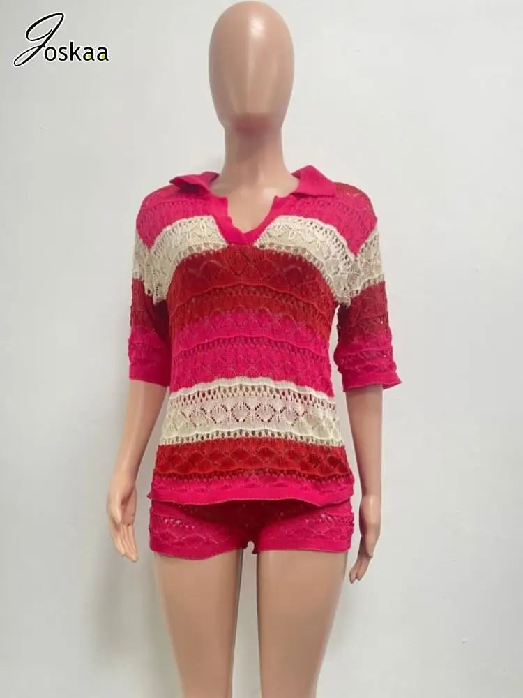 Women's Stripe Knit Short Sleeve Two Piece Set Rose Red – Detail View