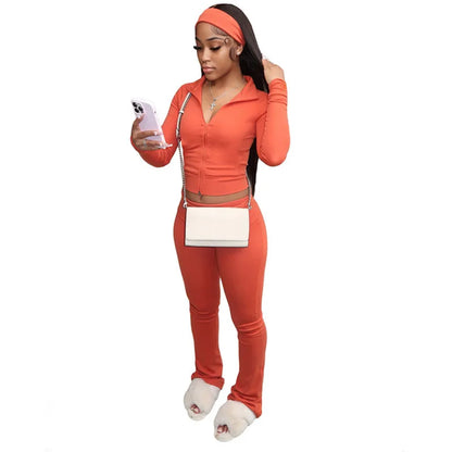 Women's Long Sleeve Flare Zip Two Piece Set