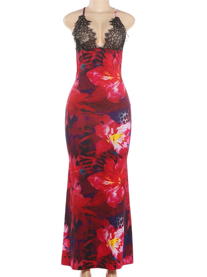 Women's Floral Print Lace Backless V-neck Maxi Dress - Detail View 8
