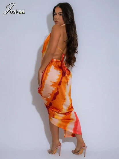 Women's Backless Halter Bodycon Bikini Set Orange – Back View