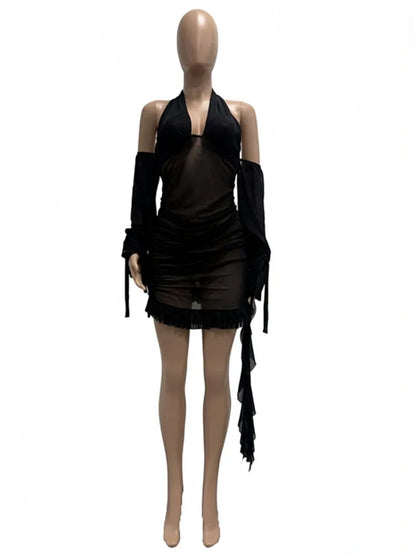 Women's Mesh Backless Halter Long Sleeve Mini Dress