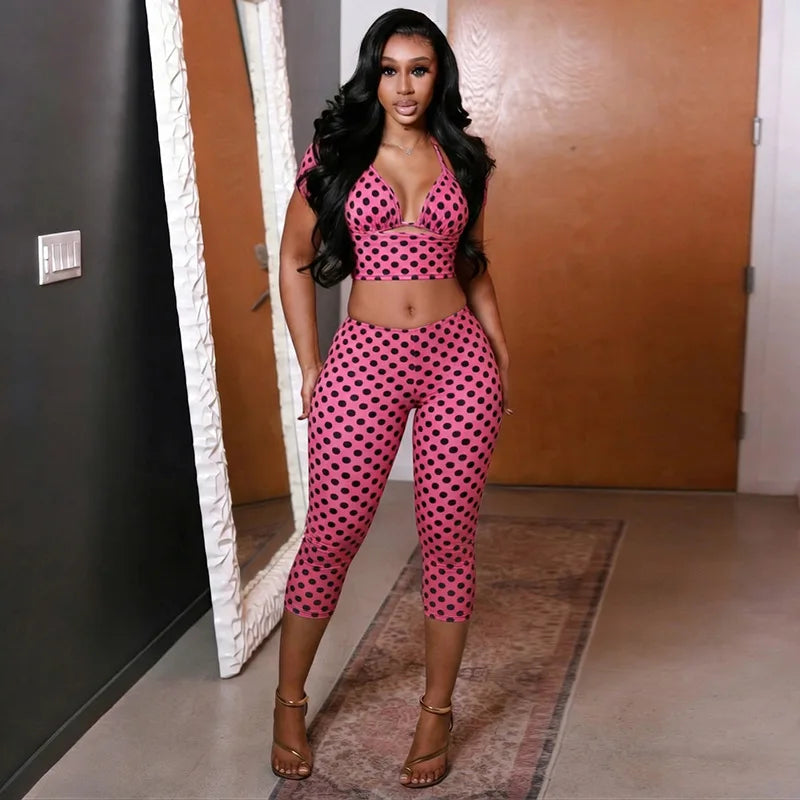Women's Polka Dot Halter Short Sleeve Two Piece Set