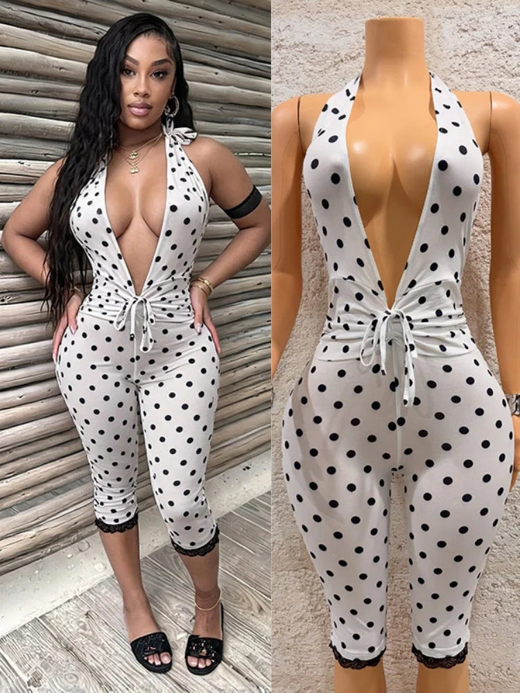 Women's Polka Dot Lace Backless V-neck Romper - Additional View 8