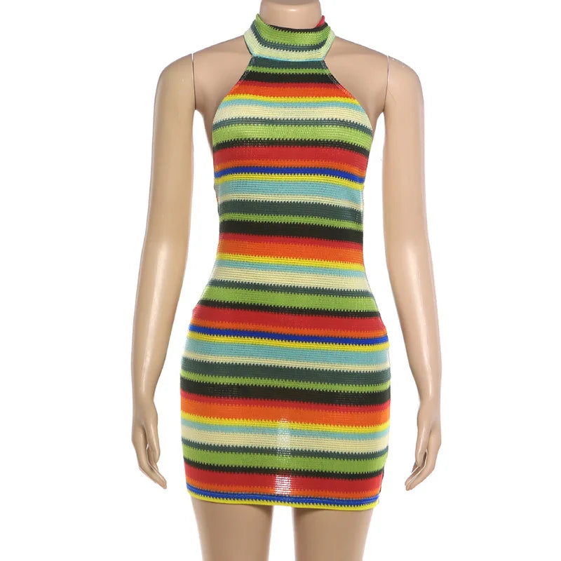 Women's Striped Ribbed Knit Halter Sleeveless Mini Dress - Additional View 8