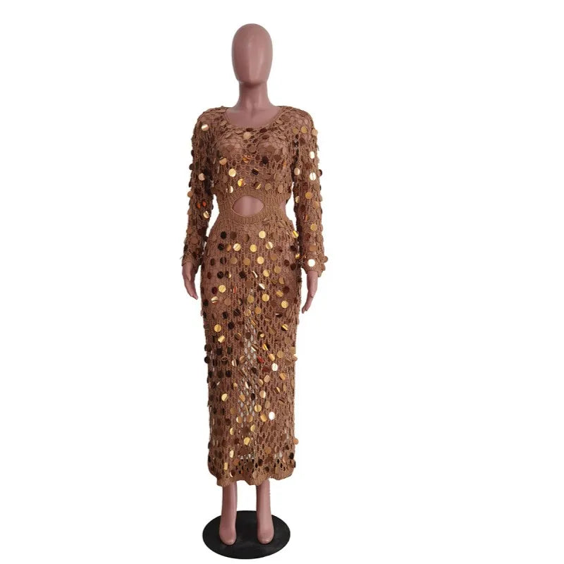 Women's Sequin Knit Cutout Long Sleeve Maxi Dress