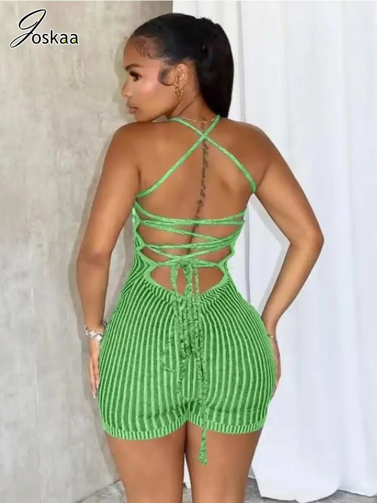 Women's Stripe Knit Backless Bodycon Romper Blue – Back View
