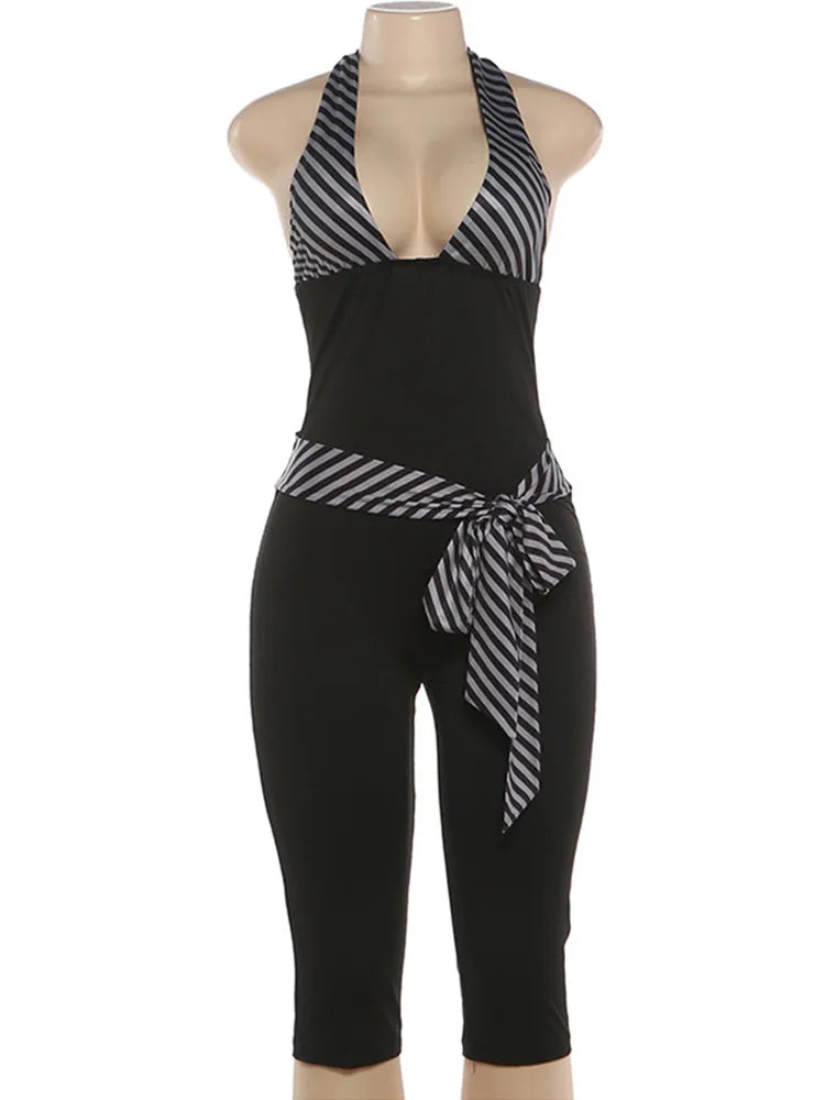 Women's Stripe Backless Halter Sleeveless Romper Black – Back View