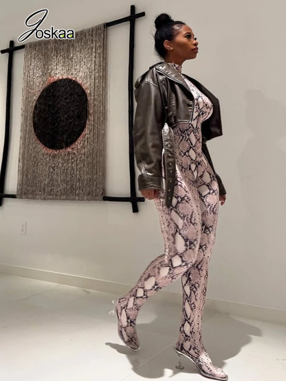 Women's Snake Print Long Sleeve Bodycon Romper Serpentine – Back View