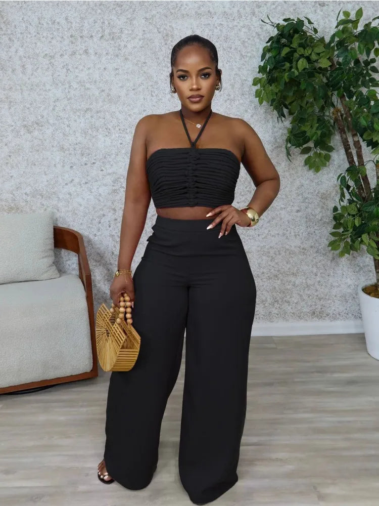 Women's Ruched Halter Strapless Two Piece Set