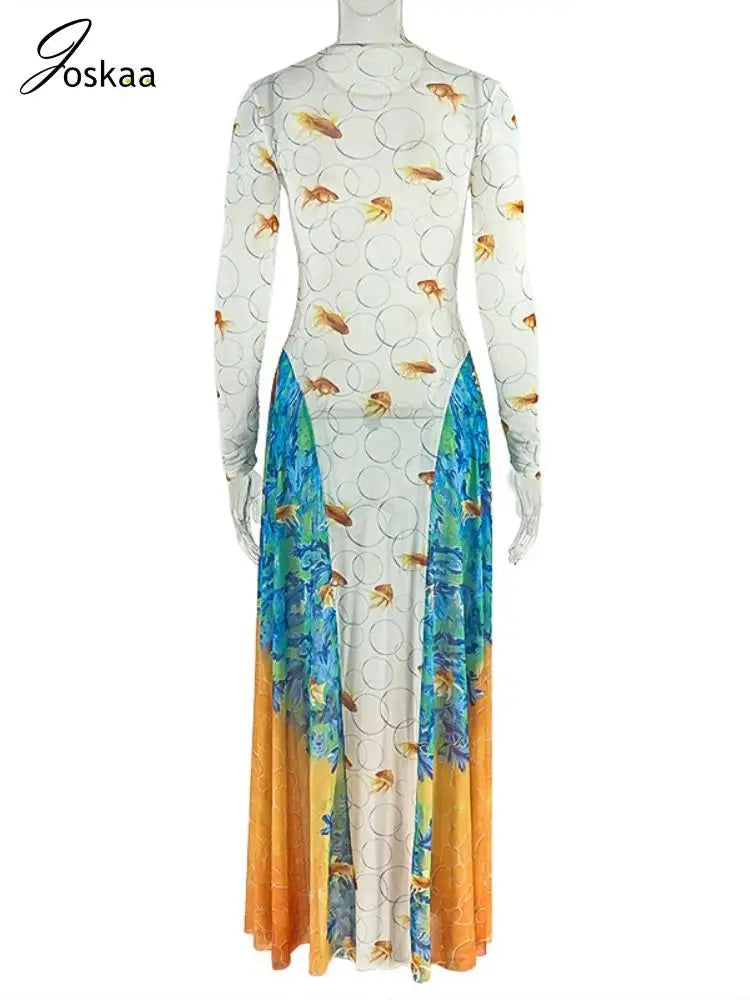 Wholesale Women's Mesh Long Sleeve Bodycon Dress Flower Color – Detail View