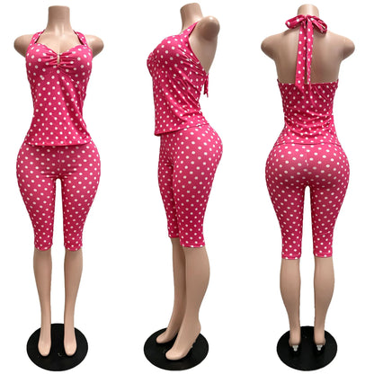 Women's Polka Dot Backless Halter Two Piece Set