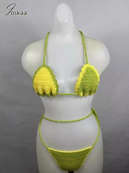 Women's Knit Ribbed Swimwear Crochet Bikini Set Green Yellow – Detail View