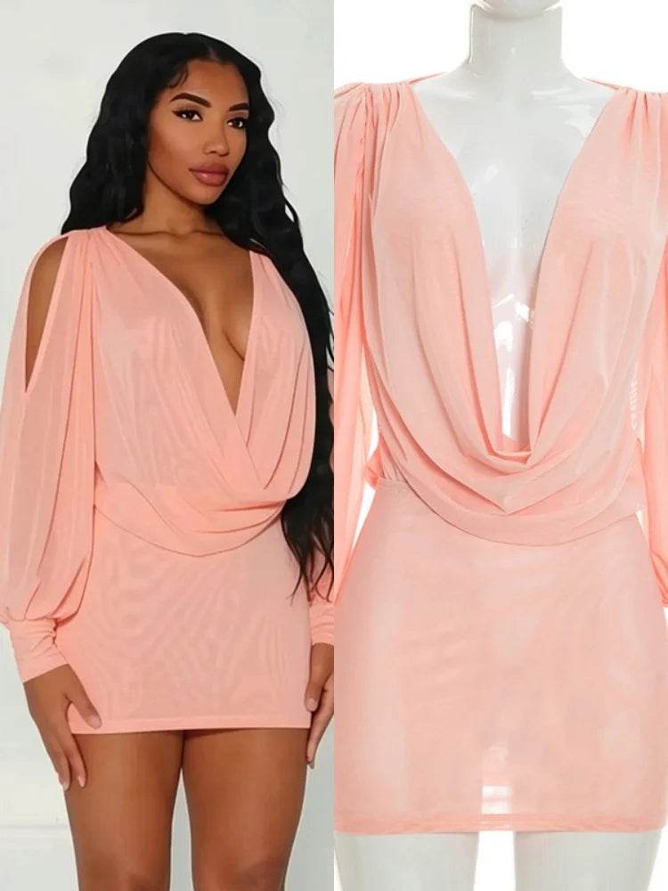 Women's Mesh Backless V-neck Long Sleeve Mini Dress - Additional View 8