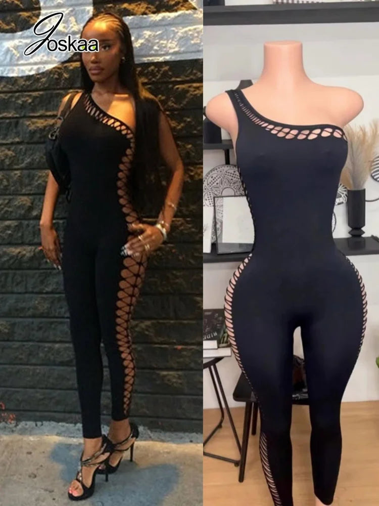 Women's Cutout Sleeveless One Shoulder Bodycon Romper - Women's Fashion Wholesale - Front View