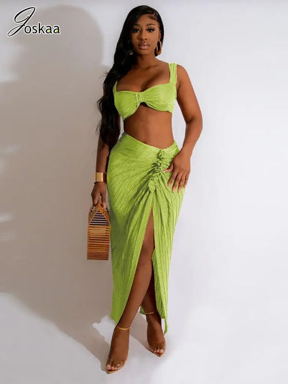 Women's Crop Pleated Solid Wrapped Two Piece Set – Women's Fashion Wholesale – Front View