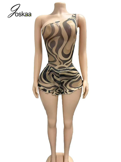 Women's Zebra Print Stripe Mesh Two Piece Set Khaki – Detail View