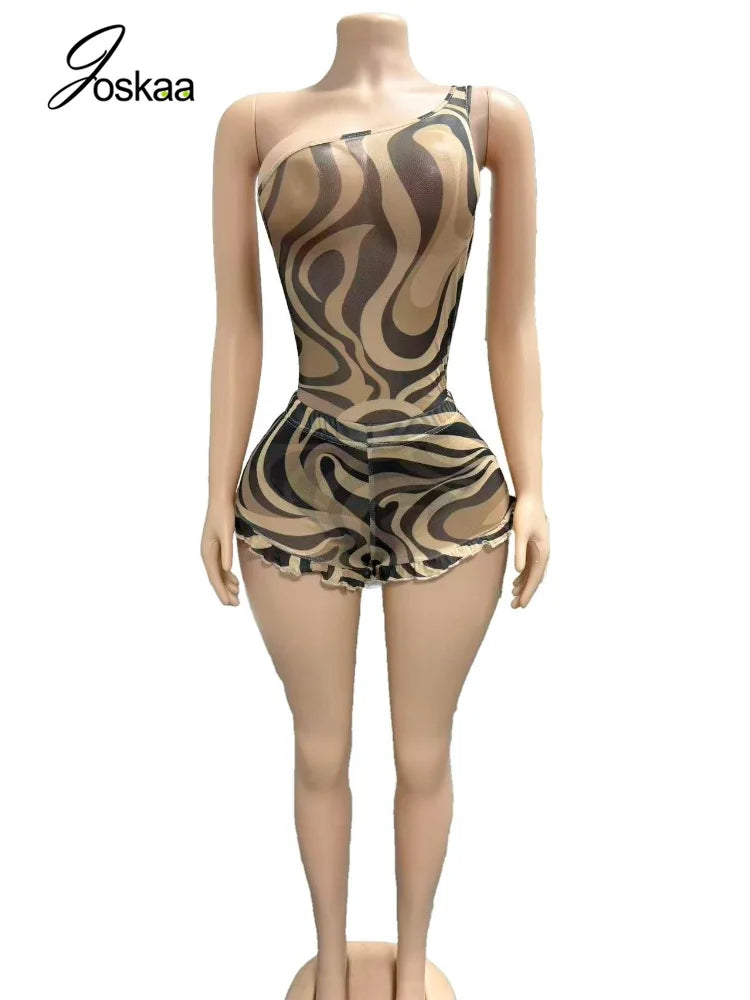 Women's Zebra Print Stripe Mesh Two Piece Set Khaki – Detail View