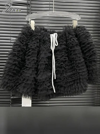 Women's Mesh Mini Puffy Drawstring Waist Skirt Black – Side View
