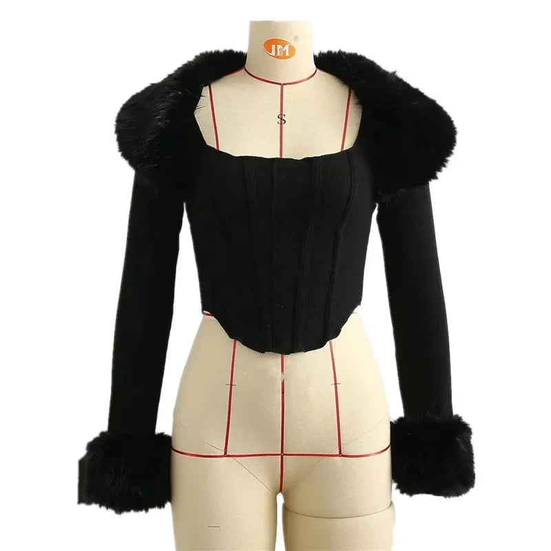 Women's Crop Faux Fur Patchwork Two Piece Set