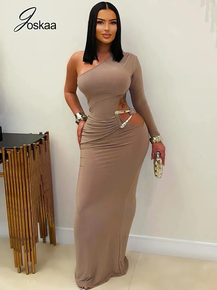 Women's Cutout One Shoulder Bodycon Maxi Dress Black – Side View