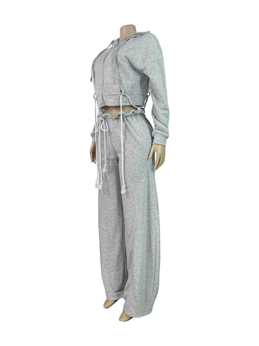Joskaa Zip Up Hooded Long Sleeve Wide Leg Two Piece Set - two piece set image 3