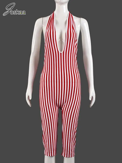 Women's Stripe Backless Halter Bodycon Romper Red – Back View